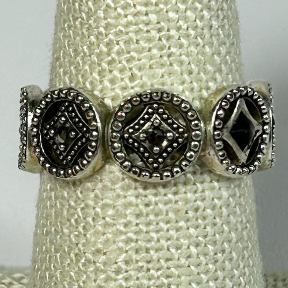 Vintage Designer Signed CW Sterling Silver Marcasite Ring Band Abalone Inlay - Picture 3 of 7